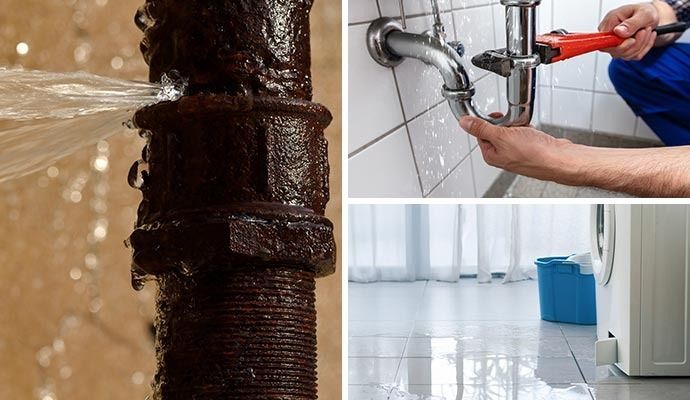 Leaking pipe, plumber fixing pipes, and flooded floor.