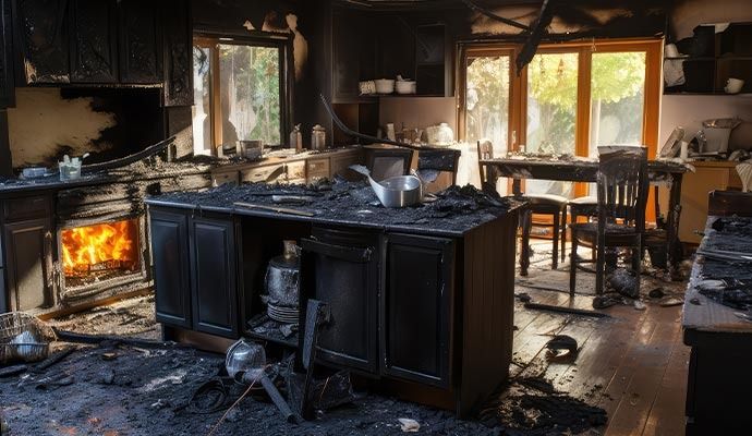 Kitchen interior damaged by fire; appliances, cabinets, and island are charred black, fire in the fireplace.