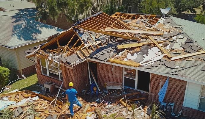 Damaged house after a storm; roof is missing and debris is scattered. A worker in blue stands outside.