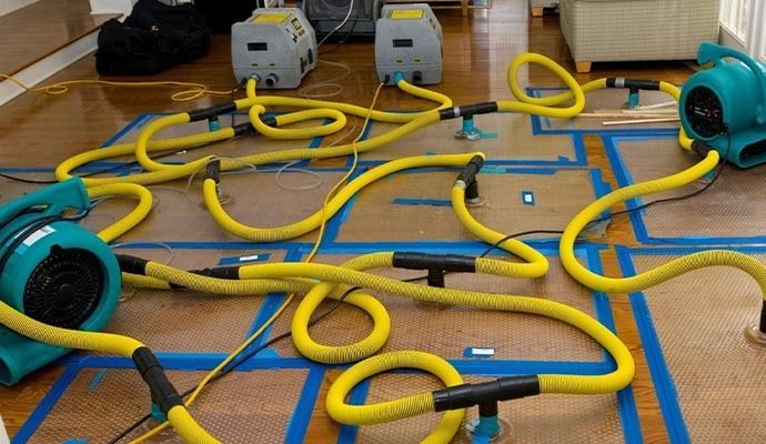 Equipment drying a wood floor, with multiple fans and yellow hoses connected to mats.