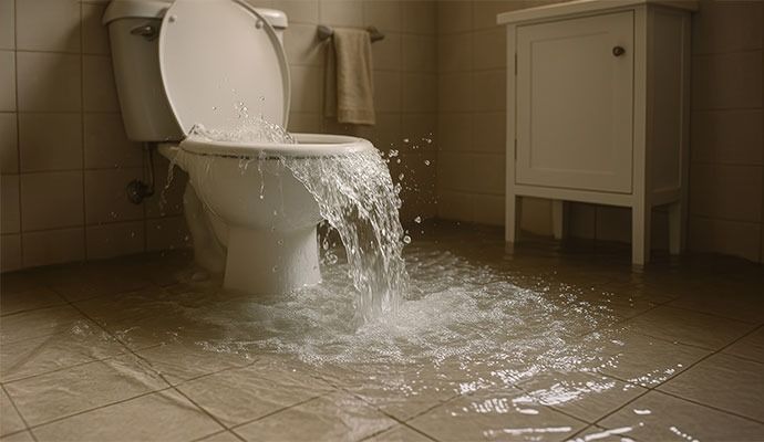 Toilet overflowing with water, flooding the bathroom floor.