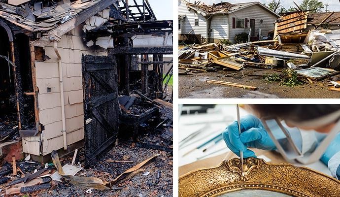 Top-left: Burned building. Top-right: Destroyed houses. Bottom-right: Person examining a gilded frame.