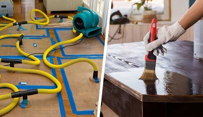 Left: Drying equipment on floor. Right: Person refinishing table with brush.