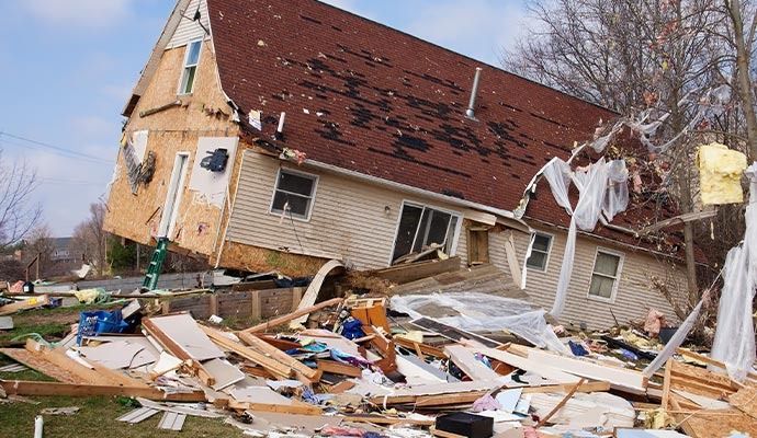House severely damaged by a storm, debris scattered in yard, roof partially destroyed.