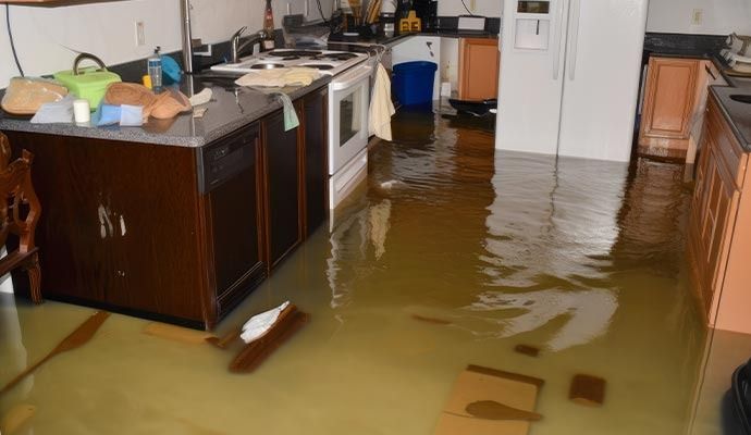 Flooded kitchen: water covers the floor, cabinets, appliances, and debris visible.