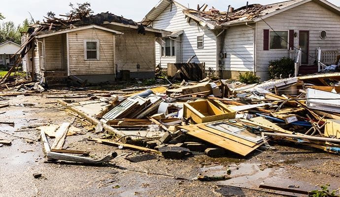 Debris scattered in front of damaged houses; roofs torn off. Destruction aftermath of a storm.