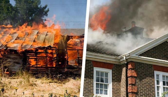 Left: Wood pile ablaze with orange flames. Right: House with smoke billowing from the roof.