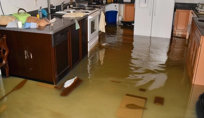 Flooded kitchen with water covering the floor. Cabinets, appliances, and items are submerged.