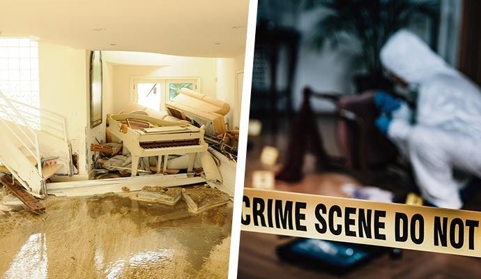 Left: Damaged room with debris, piano. Right: Crime scene tape, forensic investigator.