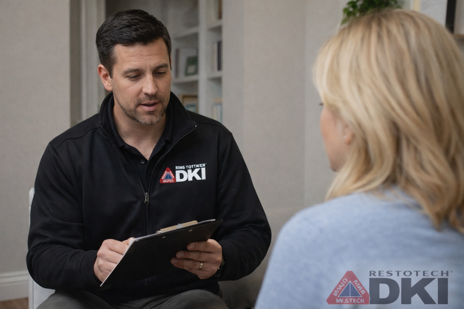 Man in black jacket with clipboard talking to a woman indoors. DKI logo visible.