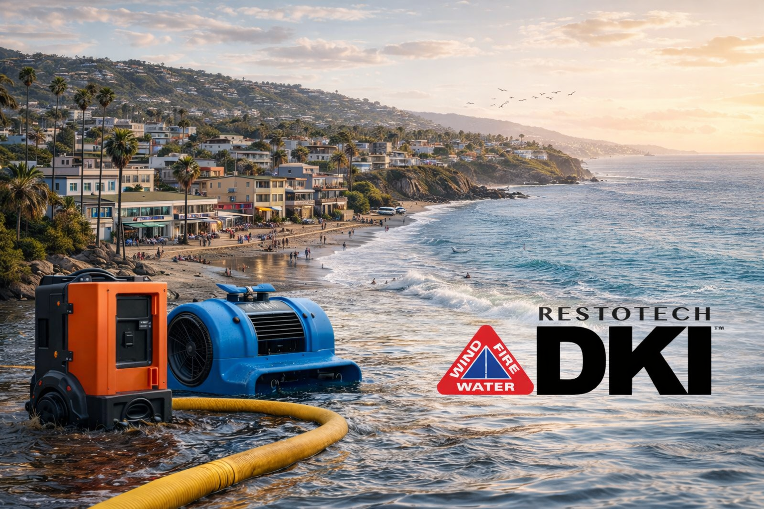 Two water damage restoration machines on a beach with houses, ocean, and the Restotech DKI logo.