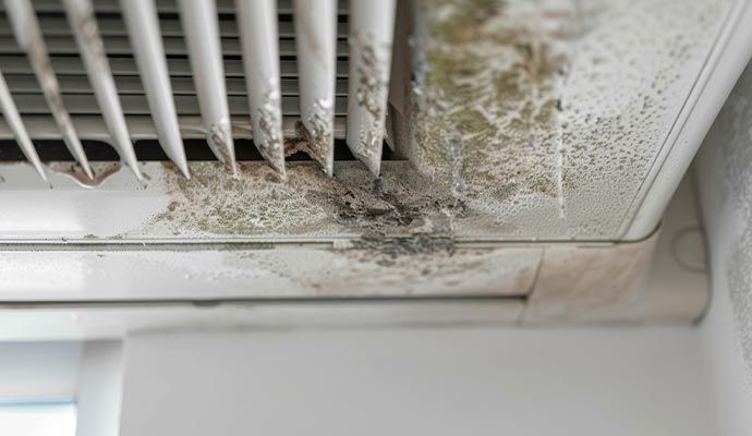 Mold growth on an air conditioning unit, white plastic, close-up view.