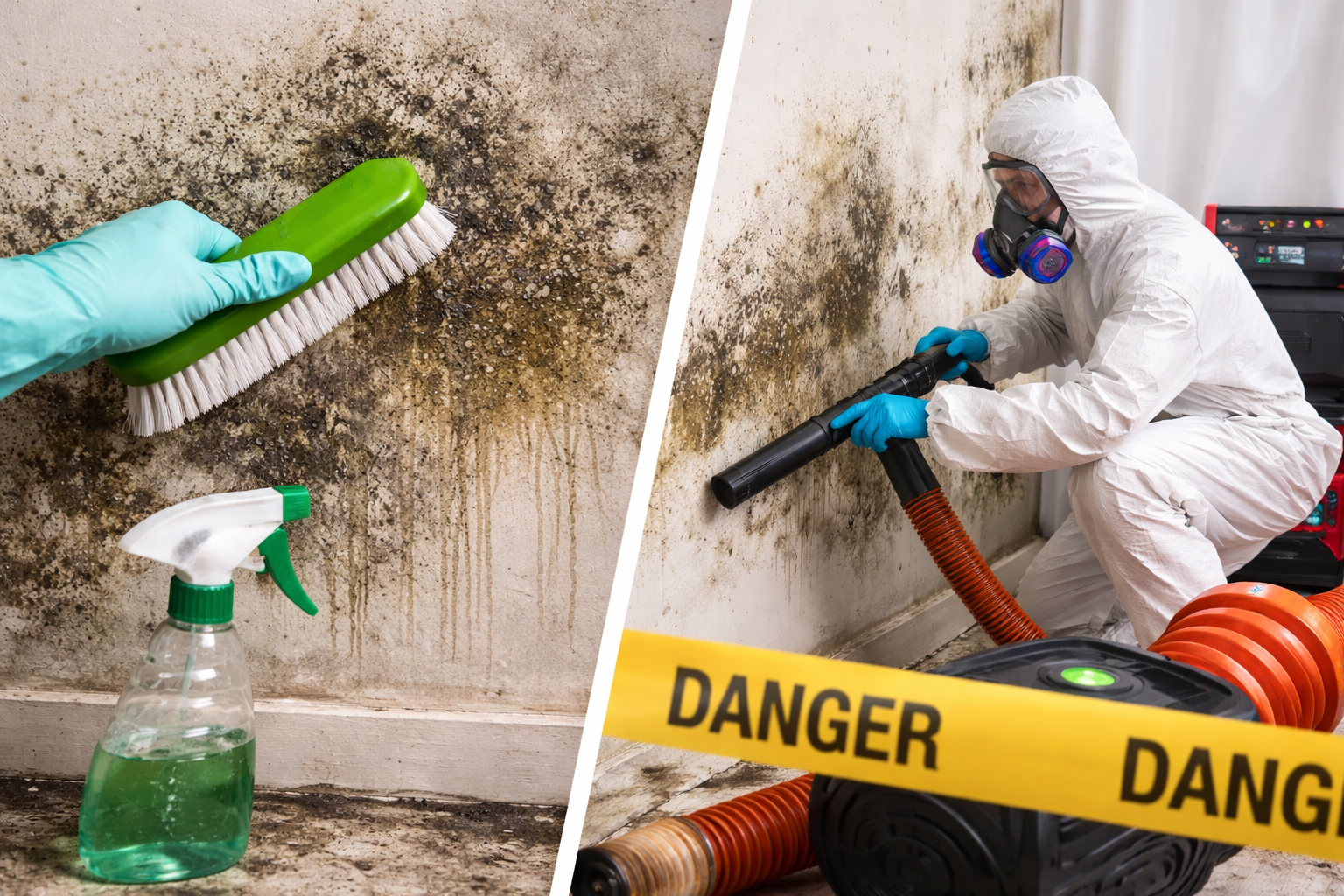 Mold Removal vs. Remediation depiction. Removal: surface-level clean. Remediation: deeper clean