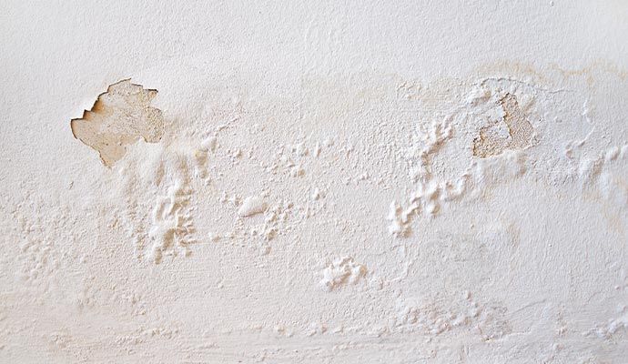 Peeling white paint on a wall, showing water damage with areas of exposed, discolored plaster.