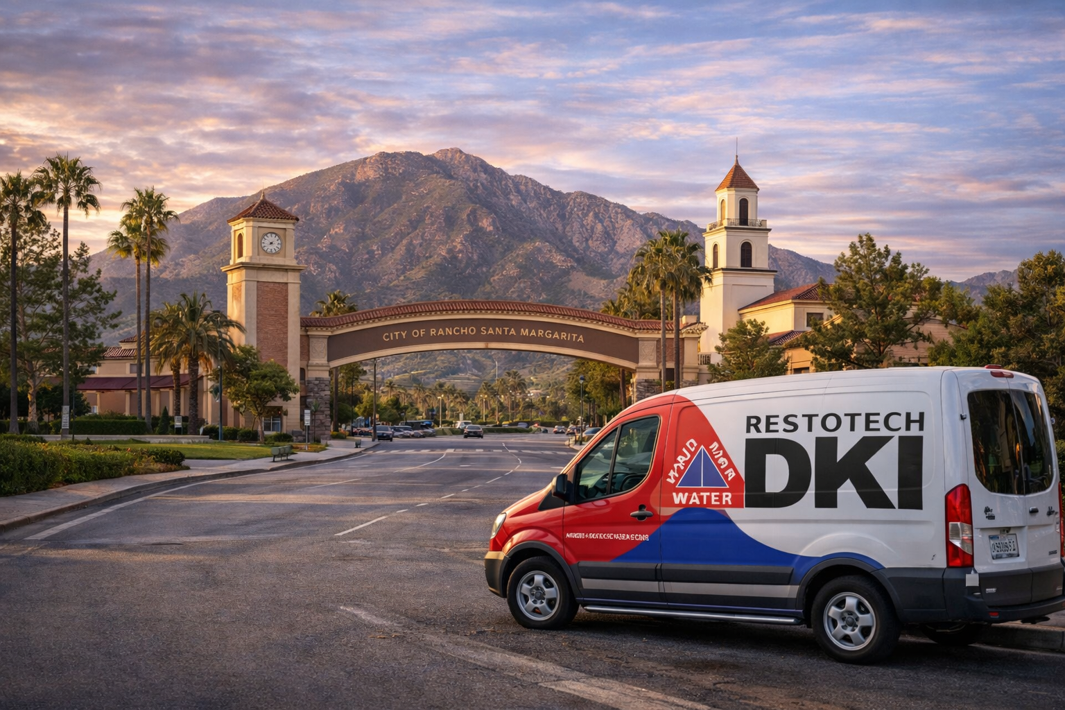 A van with a logo on a street lined with shops, palm trees, and a clock tower under a colorful sunset.