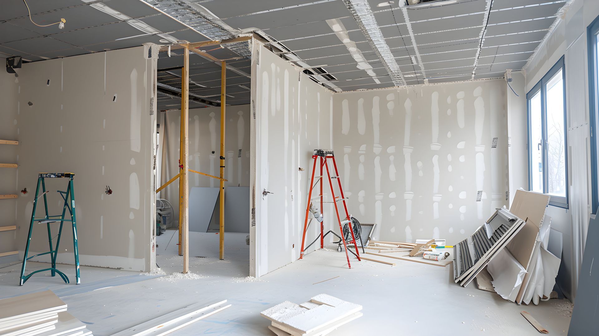 Hallway under construction with staircase, open doors, and exposed wires.