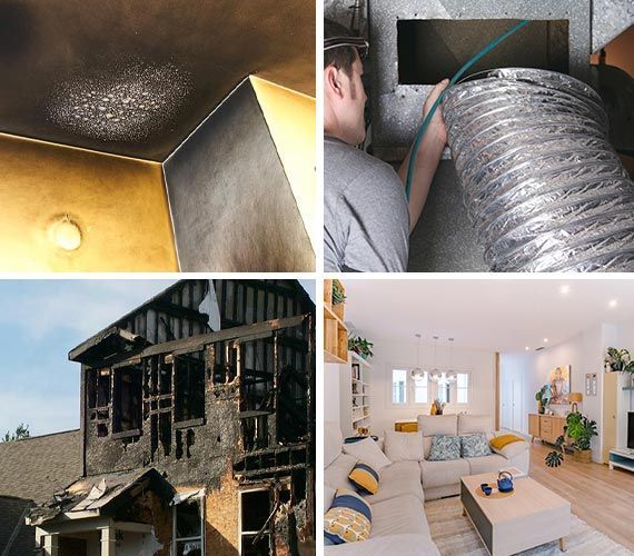 Damage from fire, air duct cleaning, fire damaged building, and a restored living room.