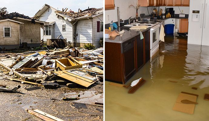 Left: House with damaged roof, debris. Right: Flooded kitchen, water up to cabinets.