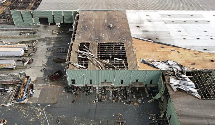 Overhead view of a damaged industrial building with a partially collapsed roof and debris scattered around.