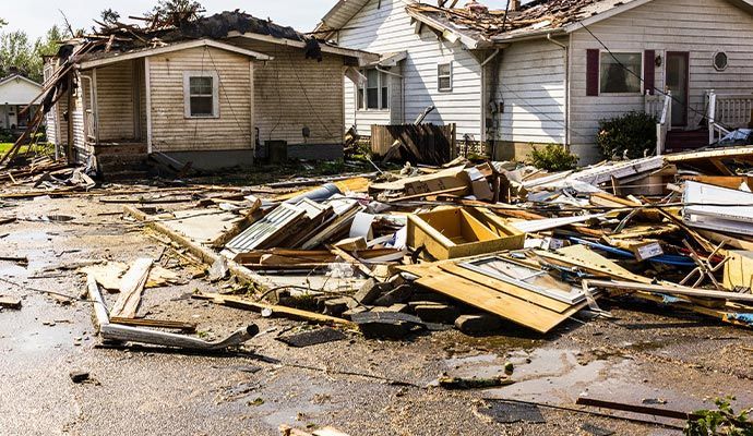 Debris from destroyed homes, buildings with missing roofs, cloudy sky.