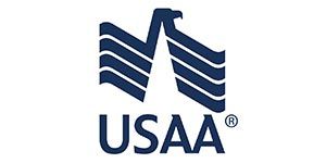 USAA logo with blue stylized flag and eagle emblem, and blue