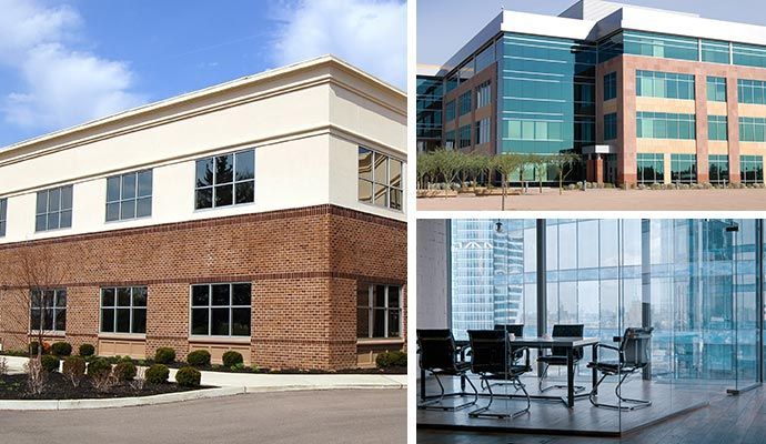 Three office building exteriors and interior meeting room; brick, glass, neutral colors.