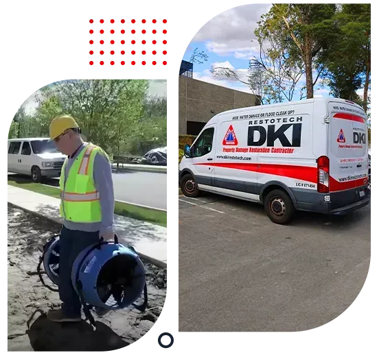 Man in safety gear carries blower; DKI Restotech van parked.