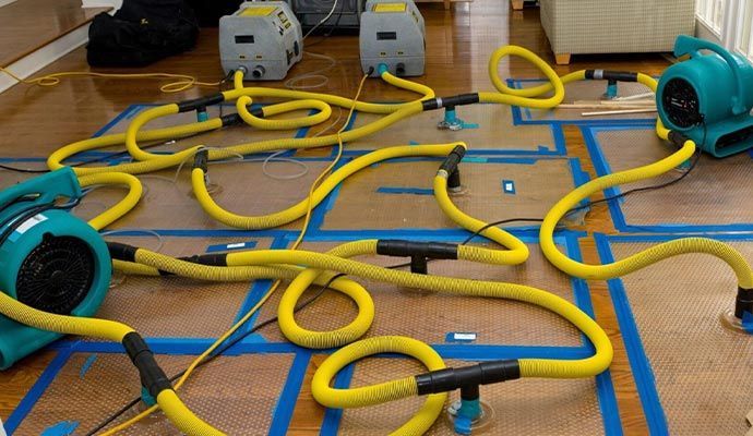 Water damage restoration equipment drying hardwood floor. Blowers and hoses connected to floor.