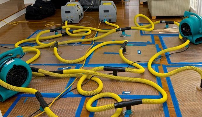 Floor drying equipment with yellow hoses connected to the floor. Several fans are set up in a room.