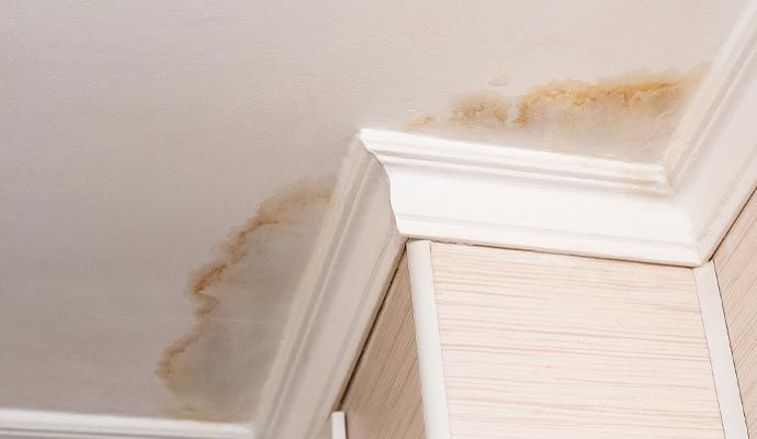 Water damage stain on a white ceiling with crown molding, next to a wood-paneled wall.