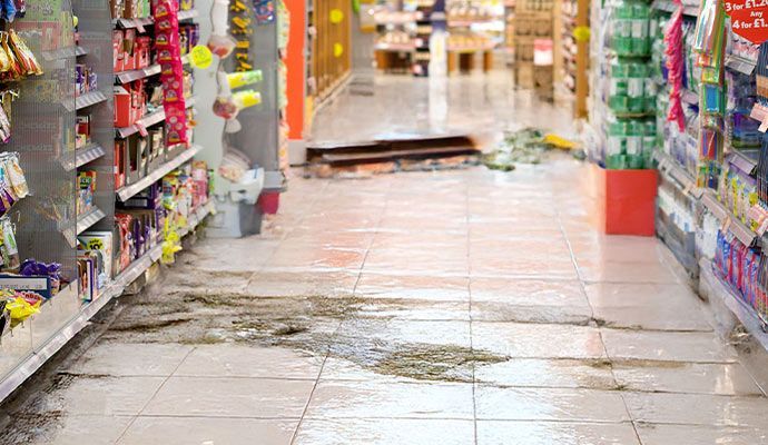 Flooded grocery store aisle, water and debris on floor, shelves stocked with products visible.