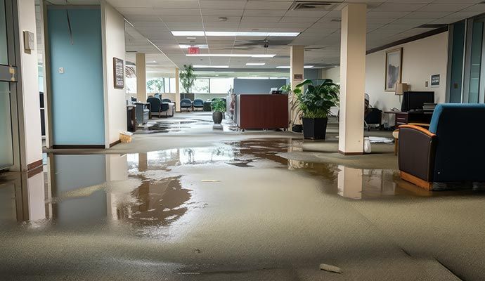 Office interior flooded with water, affecting the floor and furniture.