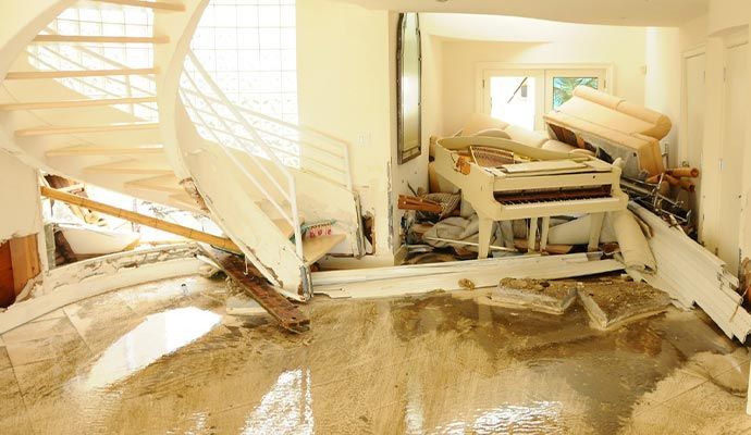 Damaged interior with debris, water, and white piano. Staircase partially collapsed.