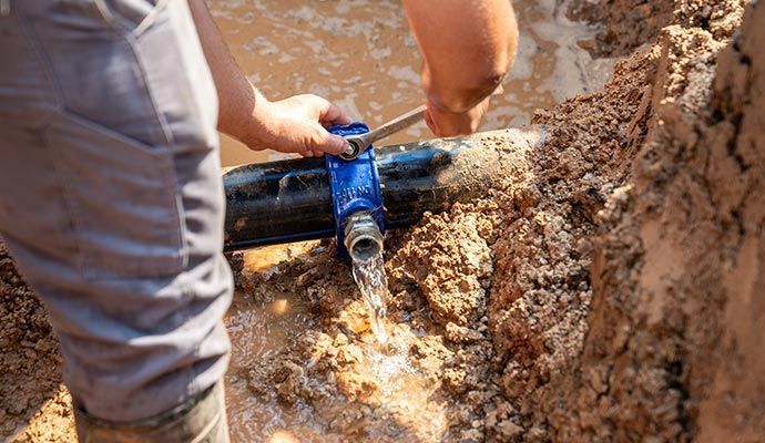 Person repairing a water pipe in a trench; water spurting out.