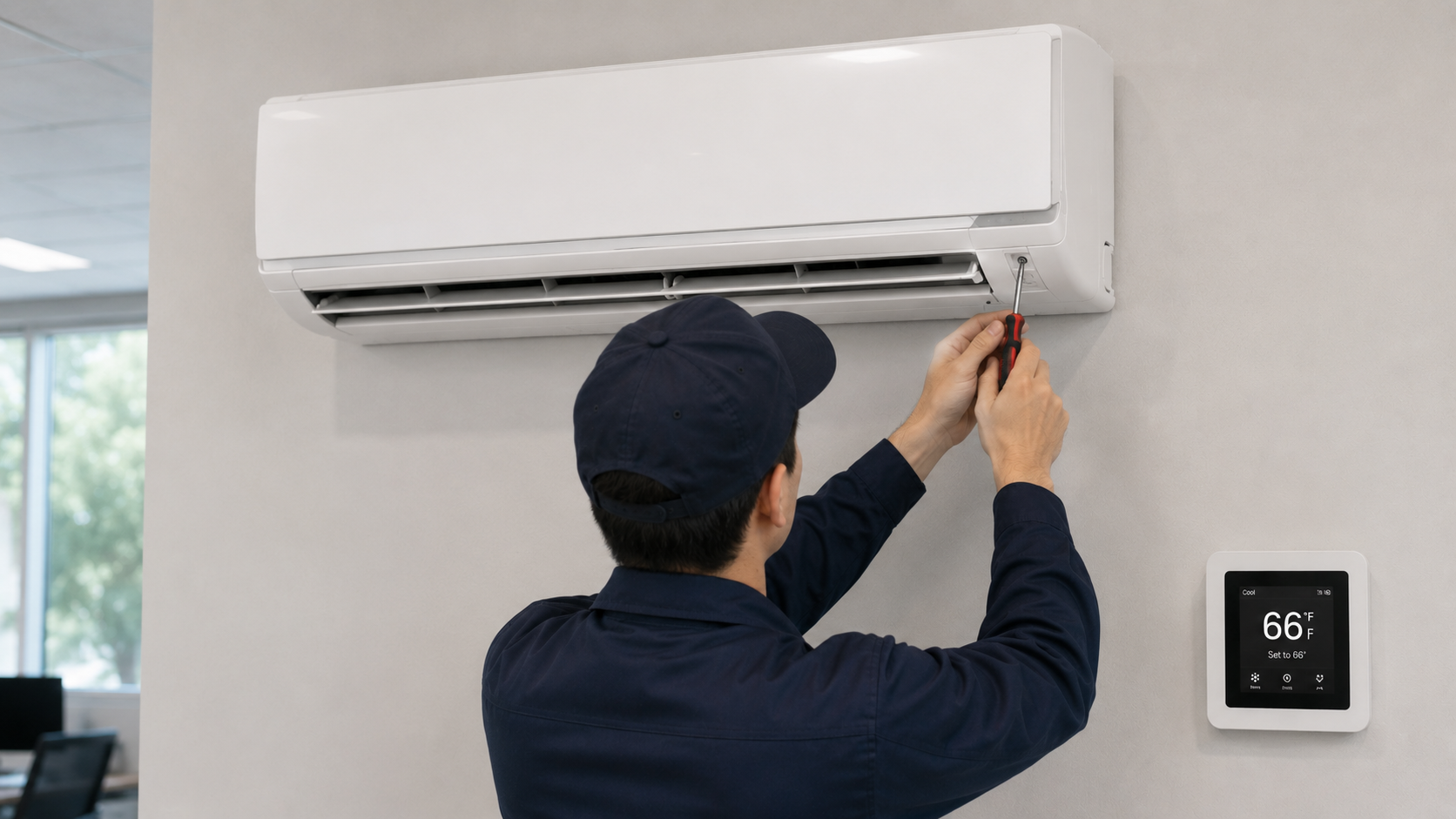 Technician performing maintenance on a wall-mounted commercial HVAC system