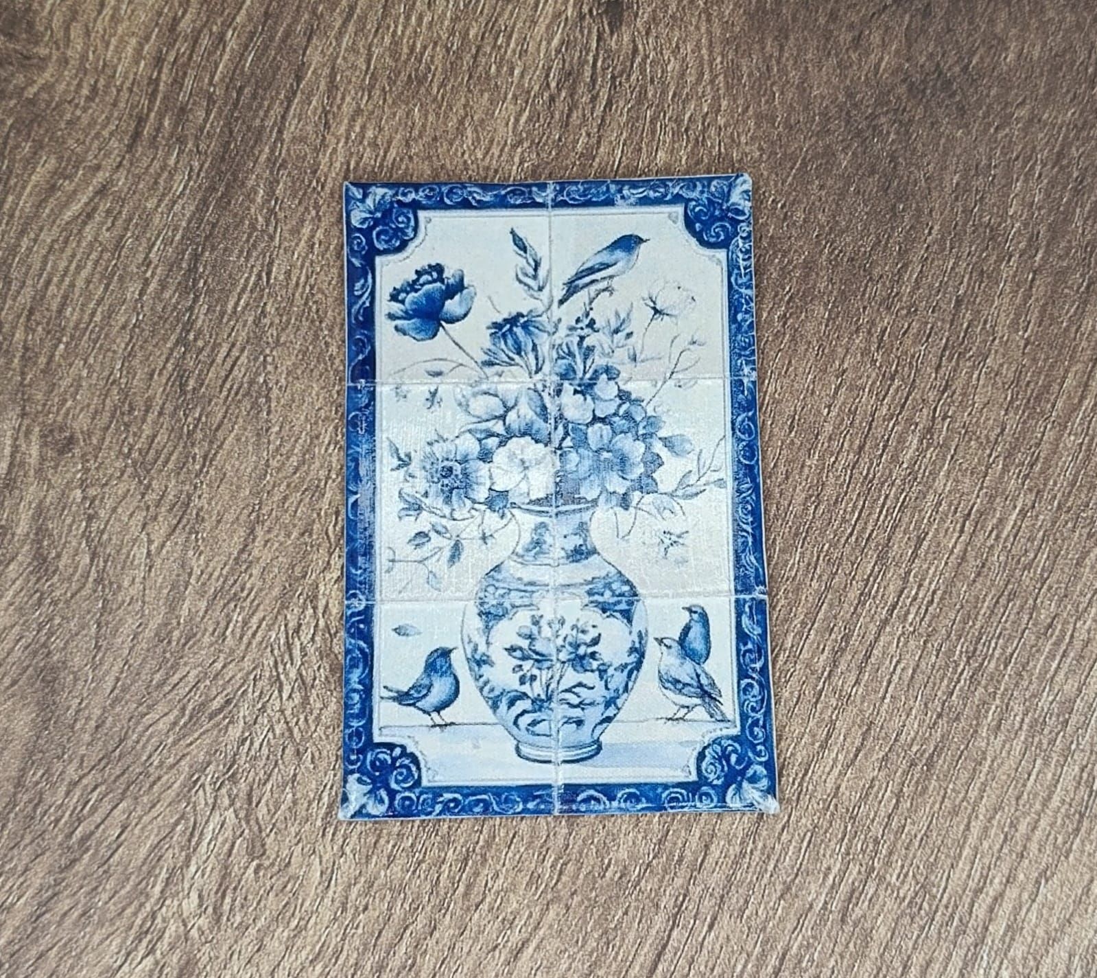 Delft blue miniature tile panel with flower vase and birds – scale 1:12