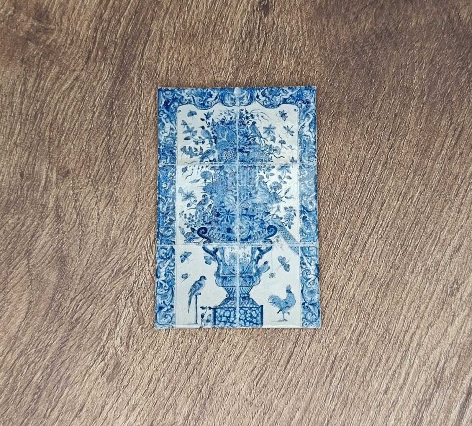 Delft blue miniature tile panel with ornate vase and birds – scale 1:12