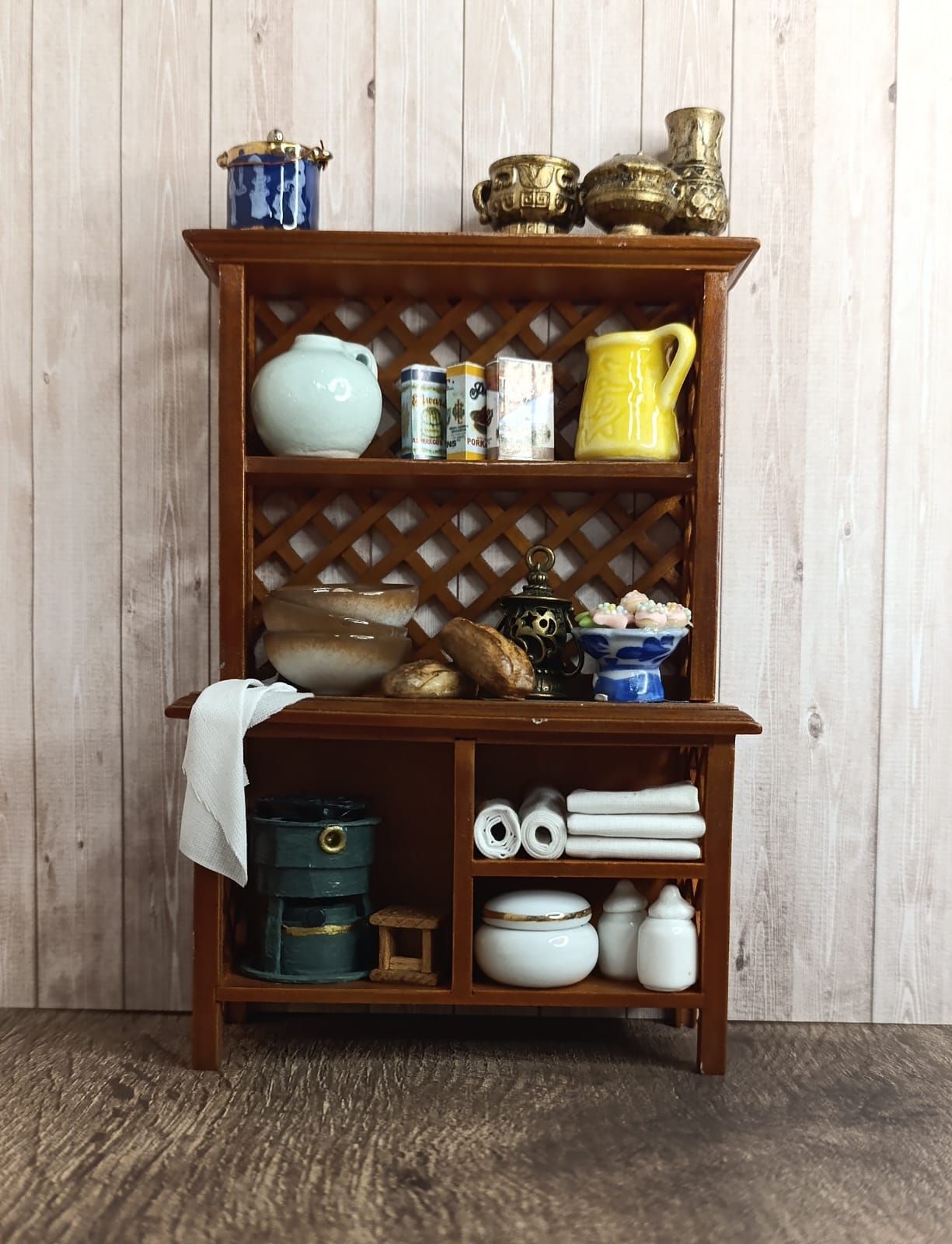 Restyled miniature kitchen cabinet with accessories – scale 1:12