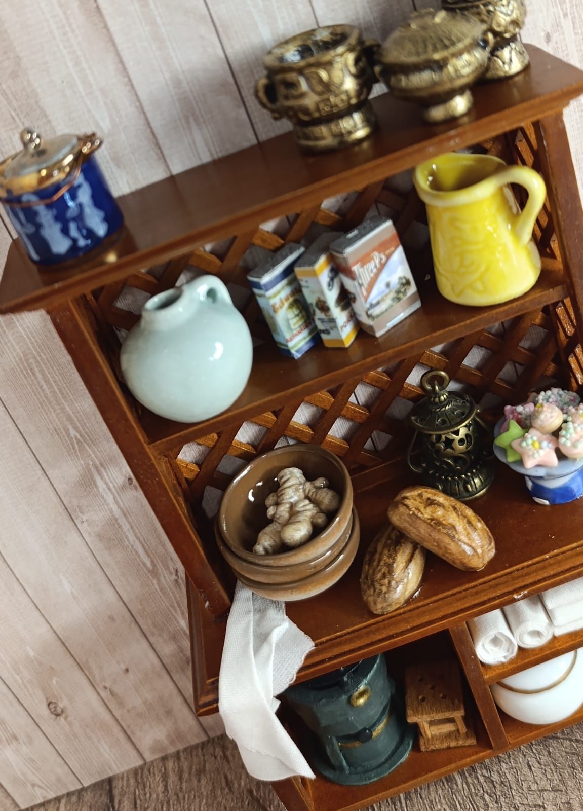 Restyled miniature kitchen cabinet with accessories – scale 1:12