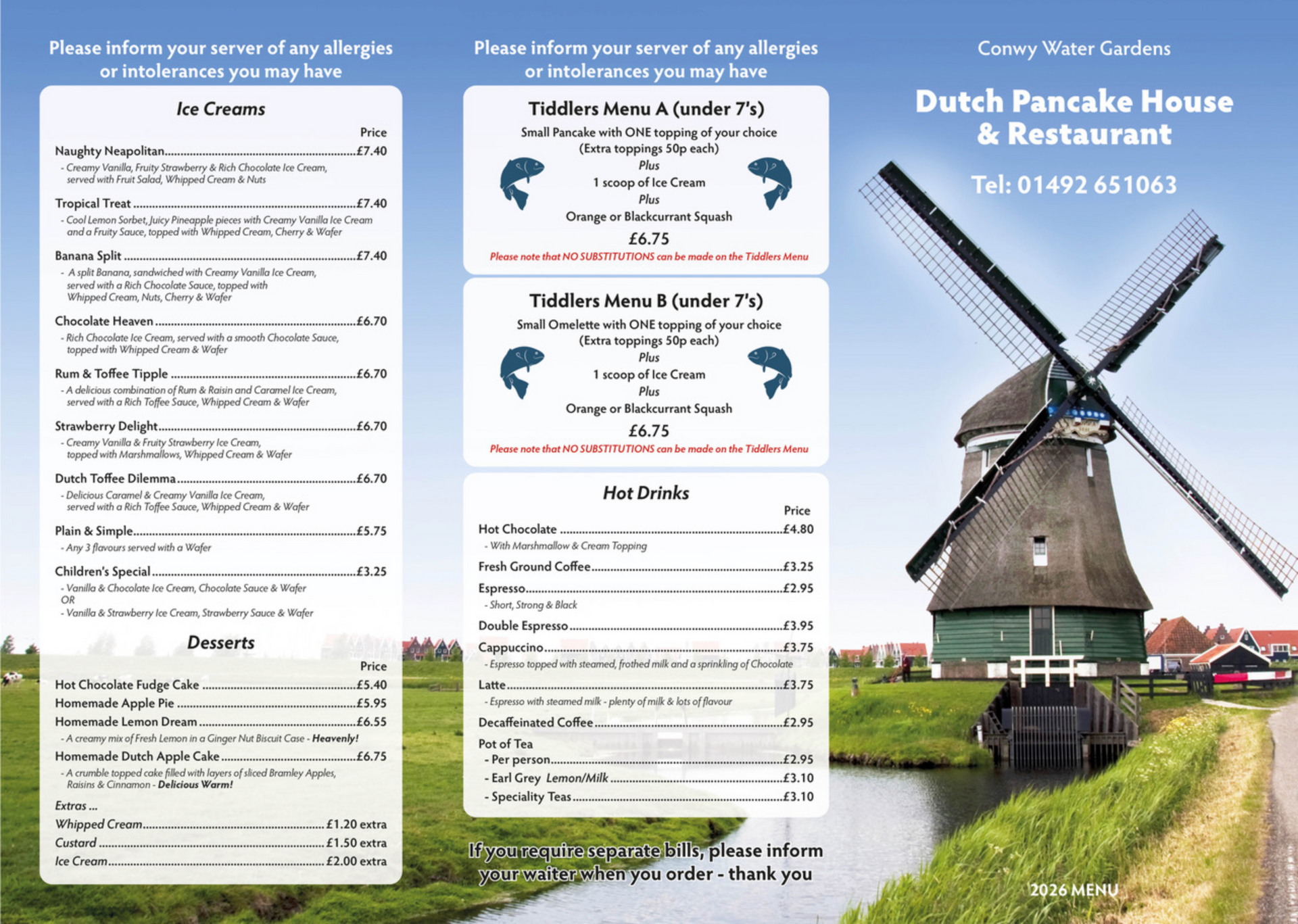 A menu for the dutch pancake house and restaurant