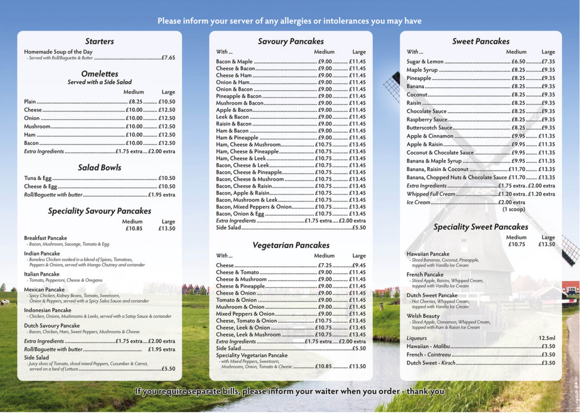 A menu for a restaurant with a windmill in the background
