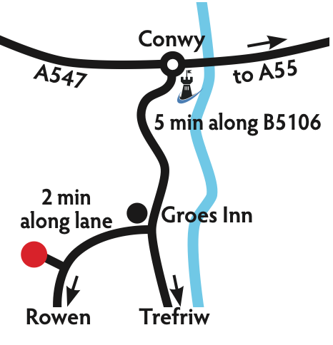 A map showing the distance between groes inn and rowen