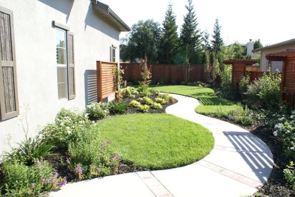 A landscaped backyard with a curved walkway, green lawn, colorful plants, and wooden trellises along the fence for privacy.