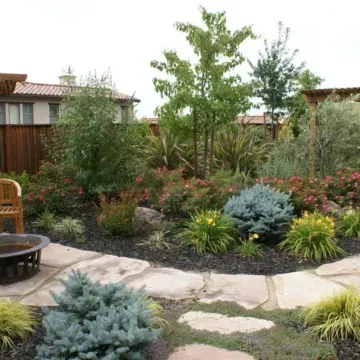 A landscaped backyard with lush greenery, colorful flowers, a stone pathway, and a fire pit with wooden seating.