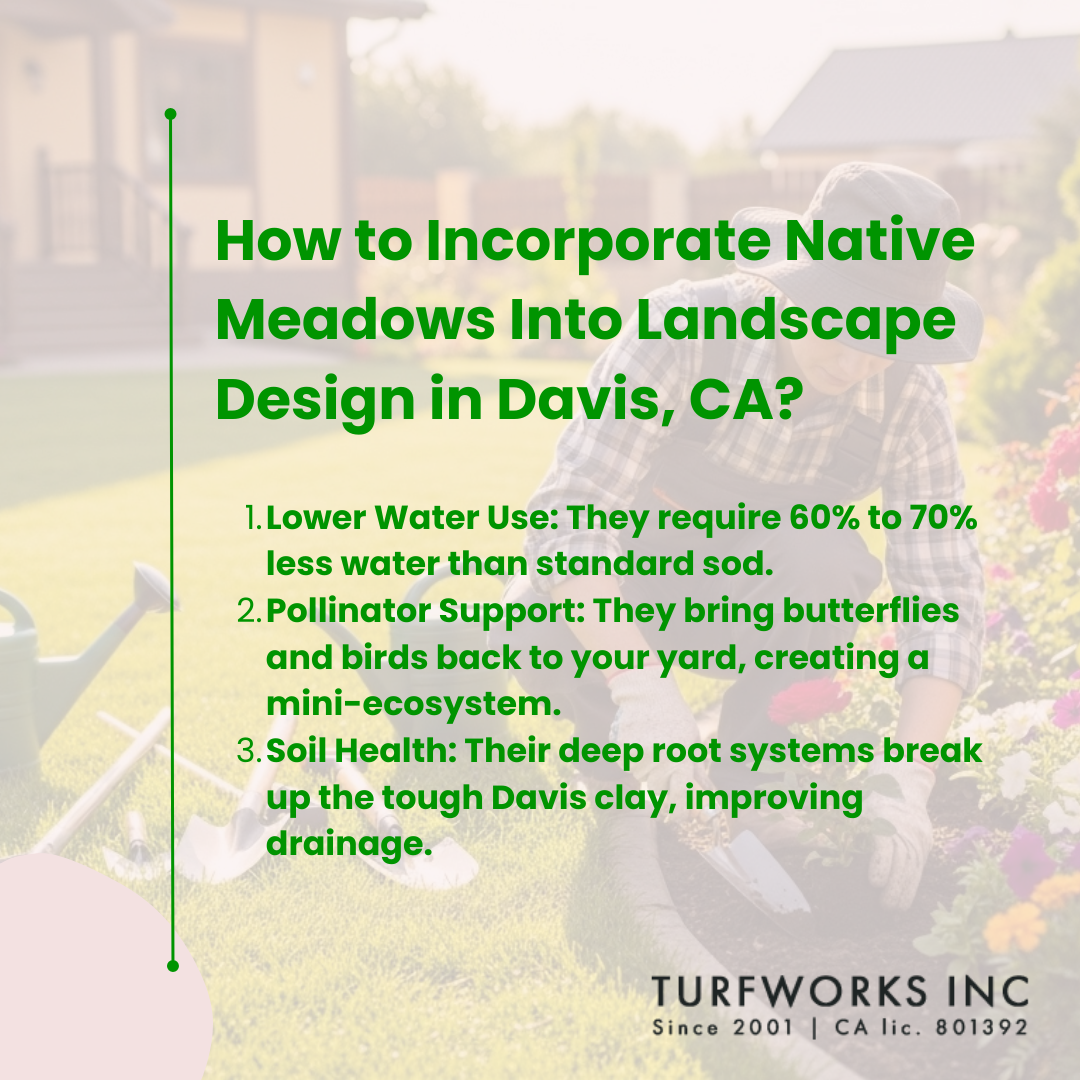 Turfworks Inc infographic: How native meadows improve Davis, CA landscape design via water savings and soil health.