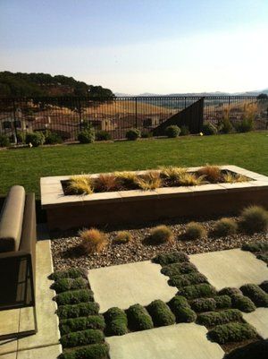 Modern backyard landscape design in Vacaville, CA, with a raised planter, minimalist greenery, and scenic hillside views.