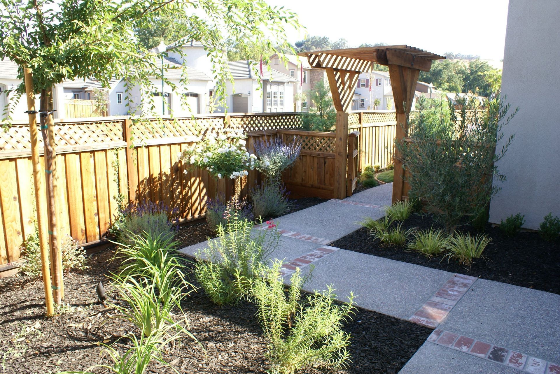 A garden with a wooden fence and a walkway designed by Turfworks, Inc. - Landscape and Paver contractor in Vacaville, CA
