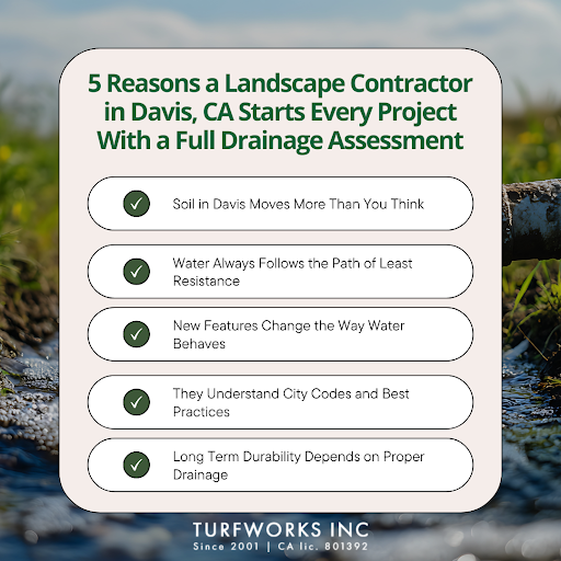 5 reasons a landscape contractor in Davis, CA begins with drainage checks, shown with icons and Turfworks Inc branding.