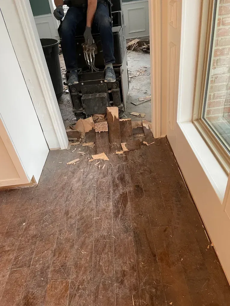 Flooring demolition: Person operating machine removes wood flooring in a doorway. Sawdust and debris visible.