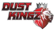 Dust Kingz logo: text with red and silver accents, lion head wearing a crown.
